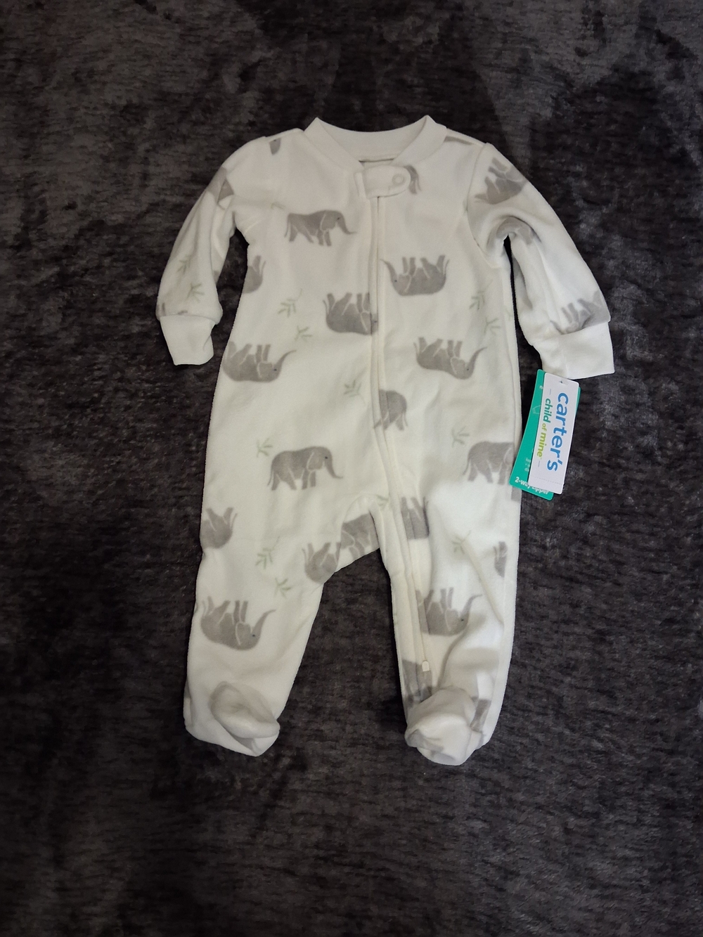 NWT Carter's White and Gray Elephant Footed One-Piece Fleece Sleeper Baby 0-3mo